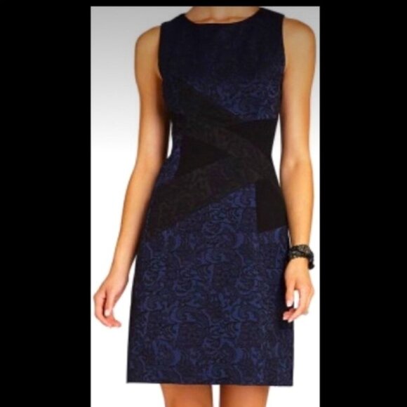 BCBGMaxAzria 6 Alma Navy Black Lace Jacquard Sleeveless Fit Flare Dress A-Line - Picture 1 of 11